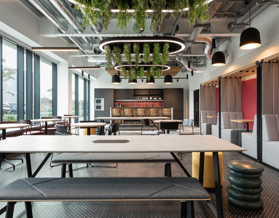 Photo of the breakout space at DHL Supply Chain in Dublin, Design and Fitout by Calibro Workspace. The project has been shortlisted for two national fitout awards.