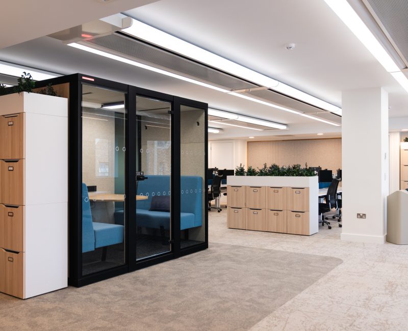 focus pods and lockers in open plan workspace