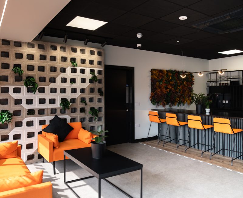reception area and coffee/tea point in office space